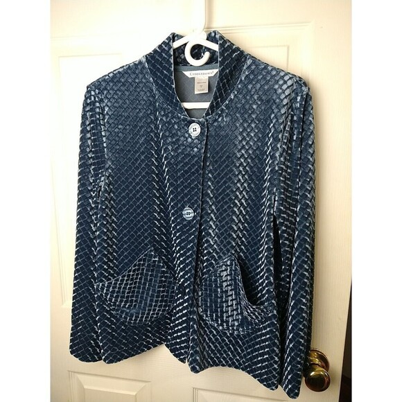 Cuddletown Blue Velour Three Button Mock Neck Pocket Jacket. Size S - Picture 1 of 10